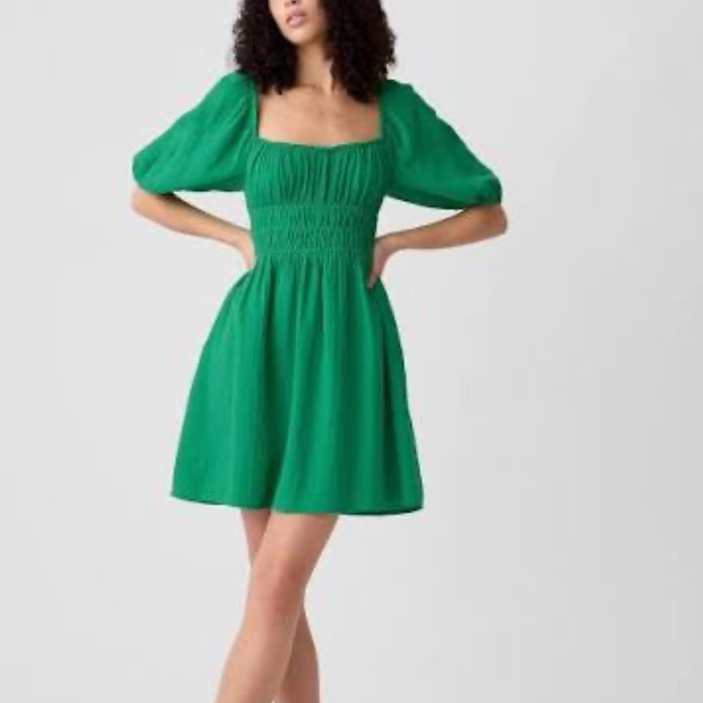 GAP Smocked Gauze square neck Green Casual Dress